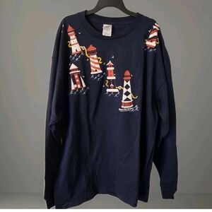 Vicki Melhart Light Houses Long Sleeve Shirt Navy Women's XLarge Vintage